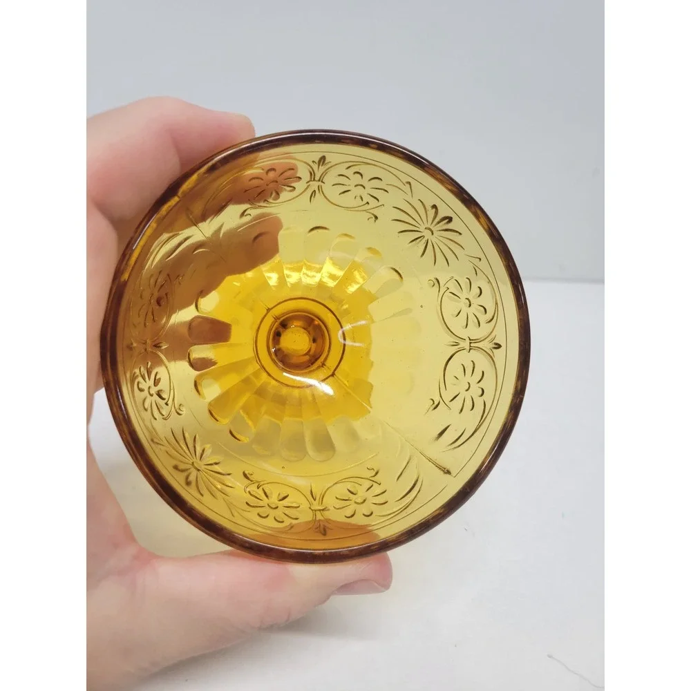 Vintage Amber‎ Depression Glass Floral Sherbet Cup Square Pedestal Dessert Bowl